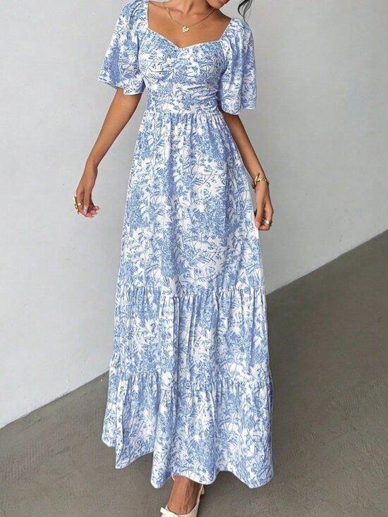 Dresses & Skirts - Baby Blue Boho Women's Short Sleeve Vacation Beach Music Festival Floral Dress